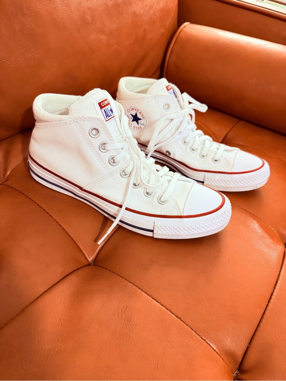 Like new Converse White High Top Sneakers with Red & Blue Trim